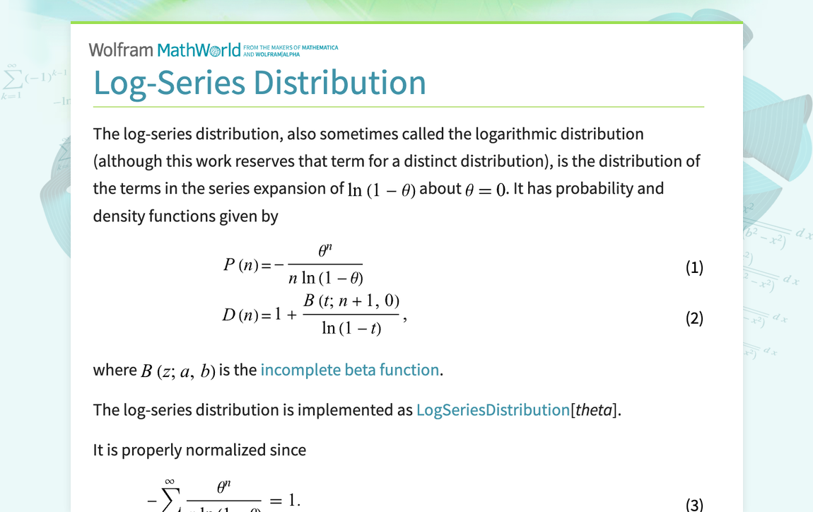 Log Series Distribution From Wolfram Mathworld