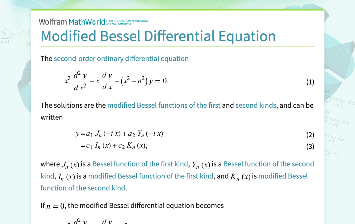 Modified Bessel Differential Equation From Wolfram Mathworld