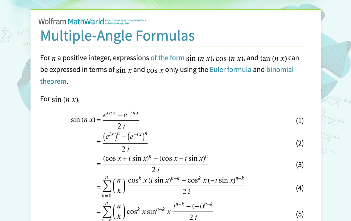 Multiple Angle Formulas From Wolfram MathWorld