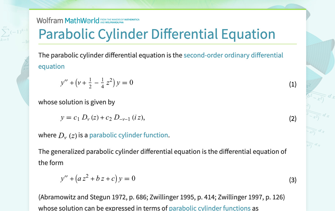 Parabolic Cylinder Differential Equation From Wolfram Mathworld