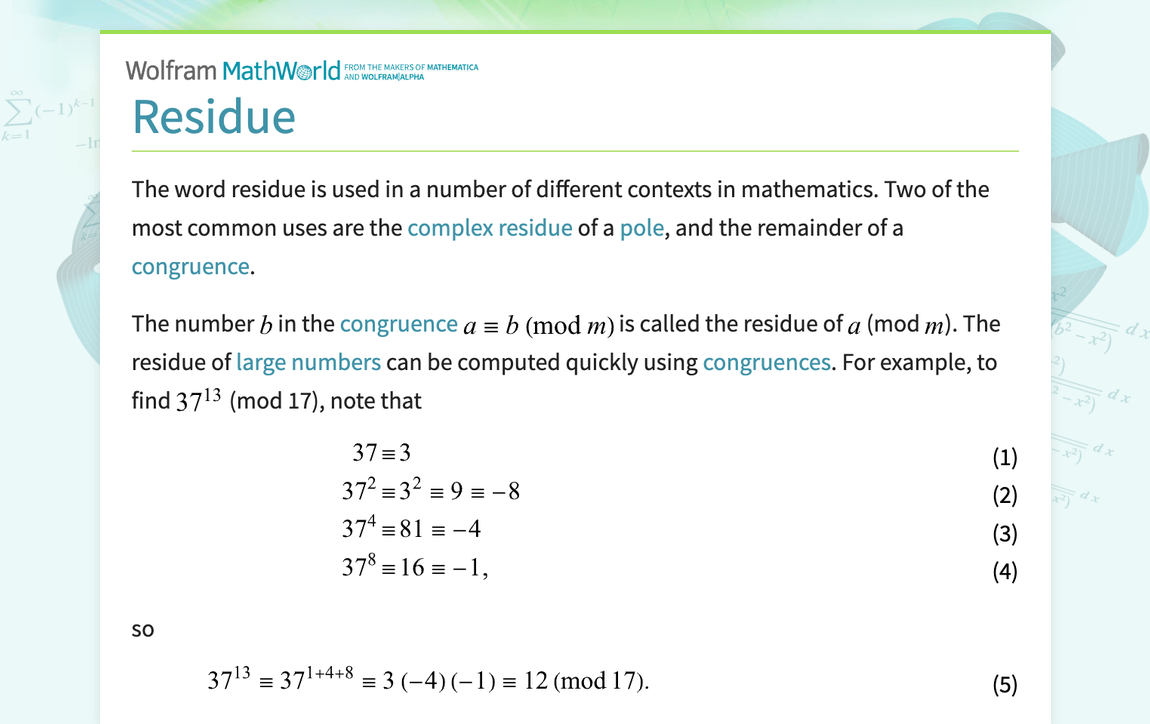 Residue From Wolfram MathWorld