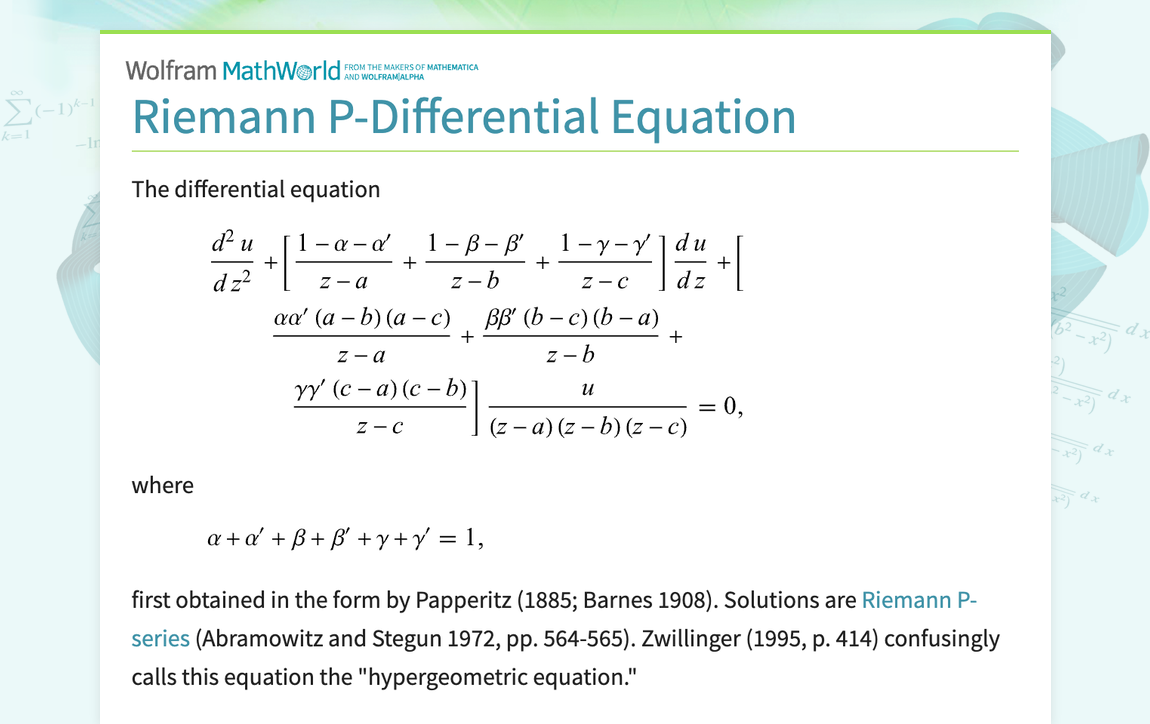 Riemann P Differential Equation From Wolfram Mathworld