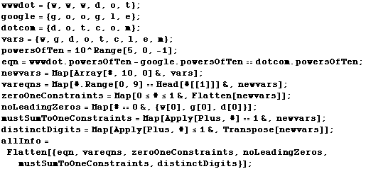 wwwdot = {w, w, w, d, o, t} ; google = {g, o, o, g, l, e} ; dotcom = {d, o, t, c, o, m} ; vars ... en[{eqn, vareqns, zeroOneConstraints, noLeadingZeros, mustSumToOneConstraints, distinctDigits}] ; 