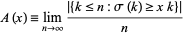  A(x)=lim_(n->infty)(|{k<=n:sigma(k)>=xk}|)/n 