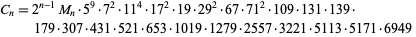  C_n=2^(n-1)M_n·5^9·7^2·11^4·17^2·19·29^2·67·71^2·109·131·139·179·307·431·521·653·1019·1279·2557·3221·5113·5171·6949  