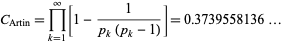  C_(Artin)=product_(k=1)^infty[1-1/(p_k(p_k-1))]=0.3739558136... 