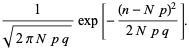 1/(sqrt(2piNpq))exp[-((n-Np)^2)/(2Npq)].