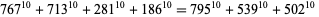 767^(10)+713^(10)+281^(10)+186^(10)=795^(10)+539^(10)+502^(10) 