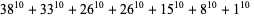 38^(10)+33^(10)+26^(10)+26^(10)+15^(10)+8^(10)+1^(10) 