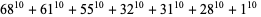 68^(10)+61^(10)+55^(10)+32^(10)+31^(10)+28^(10)+1^(10) 