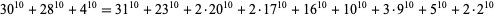  30^(10)+28^(10)+4^(10)=31^(10)+23^(10)+2·20^(10)+2·17^(10)+16^(10)+10^(10)+3·9^(10)+5^(10)+2·2^(10)  