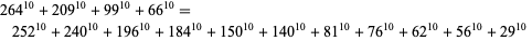  264^(10)+209^(10)+99^(10)+66^(10)=252^(10)+240^(10)+196^(10)+184^(10)+150^(10)+140^(10)+81^(10)+76^(10)+62^(10)+56^(10)+29^(10)  