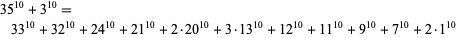  35^(10)+3^(10)=33^(10)+32^(10)+24^(10)+21^(10)+2·20^(10)+3·13^(10)+12^(10)+11^(10)+9^(10)+7^(10)+2·1^(10)  