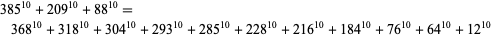  385^(10)+209^(10)+88^(10)=368^(10)+318^(10)+304^(10)+293^(10)+285^(10)+228^(10)+216^(10)+184^(10)+76^(10)+64^(10)+12^(10)  