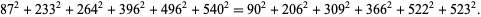  87^2+233^2+264^2+396^2+496^2+540^2=90^2+206^2+309^2+366^2+522^2+523^2. 