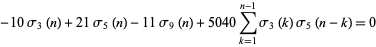  -10sigma_3(n)+21sigma_5(n)-11sigma_9(n)+5040sum_(k=1)^(n-1)sigma_3(k)sigma_5(n-k)=0 