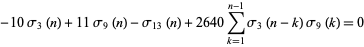  -10sigma_3(n)+11sigma_9(n)-sigma_(13)(n)+2640sum_(k=1)^(n-1)sigma_3(n-k)sigma_9(k)=0 