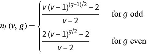  n_l(v,g)={(v(v-1)^((g-1)/2)-2)/(v-2)   for g odd; (2(v-1)^(g/2)-2)/(v-2)   for g even 