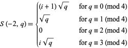  S(-2,q)={(i+1)sqrt(q)   for q=0 (mod 4); sqrt(q)   for q=1 (mod 4); 0   for q=2 (mod 4); isqrt(q)   for q=3 (mod 4) 