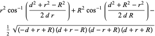 r^2cos^(-1)((d^2+r^2-R^2)/(2dr))+R^2cos^(-1)((d^2+R^2-r^2)/(2dR))-1/2sqrt((-d+r+R)(d+r-R)(d-r+R)(d+r+R))