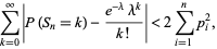  sum_(k=0)^infty|P(S_n=k)-(e^(-lambda)lambda^k)/(k!)|<2sum_(i=1)^np_i^2, 