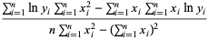 (sum_(i=1)^(n)lny_isum_(i=1)^(n)x_i^2-sum_(i=1)^(n)x_isum_(i=1)^(n)x_ilny_i)/(nsum_(i=1)^(n)x_i^2-(sum_(i=1)^(n)x_i)^2)