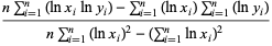 (nsum_(i=1)^(n)(lnx_ilny_i)-sum_(i=1)^(n)(lnx_i)sum_(i=1)^(n)(lny_i))/(nsum_(i=1)^(n)(lnx_i)^2-(sum_(i=1)^(n)lnx_i)^2)