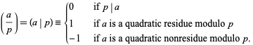  (a/p)=(a|p)={0   if p|a; 1   if a is a quadratic residue modulo p; -1   if a is a quadratic nonresidue modulo p. 