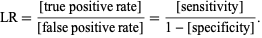  LR=([true positive rate])/([false positive rate])=([sensitivity])/(1-[specificity]). 