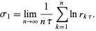  sigma_1=lim_(n->infty)1/(ntau)sum_(k=1)^nlnr_(ktau). 