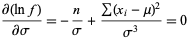  (partial(lnf))/(partialsigma)=-n/sigma+(sum(x_i-mu)^2)/(sigma^3)=0 