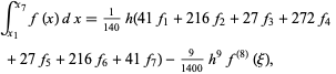  int_(x_1)^(x_7)f(x)dx=1/(140)h(41f_1+216f_2+27f_3+272f_4 
 +27f_5+216f_6+41f_7)-9/(1400)h^9f^((8))(xi),   