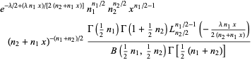 e^(-lambda/2+(lambdan_1x)/[2(n_2+n_1x)])n_1^(n_1/2)n_2^(n_2/2)x^(n_1/2-1)(n_2+n_1x)^(-(n_1+n_2)/2)(Gamma(1/2n_1)Gamma(1+1/2n_2)L_(n_2/2)^(n_1/2-1)(-(lambdan_1x)/(2(n_2+n_1x))))/(B(1/2n_1,1/2n_2)Gamma[1/2(n_1+n_2)])