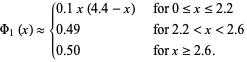  Phi_1(x) approx {0.1x(4.4-x)   for 0<=x<=2.2; 0.49   for 2.2<x<2.6; 0.50   for x>=2.6. 