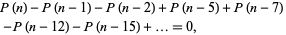  P(n)-P(n-1)-P(n-2)+P(n-5)+P(n-7) 
 -P(n-12)-P(n-15)+...=0,    