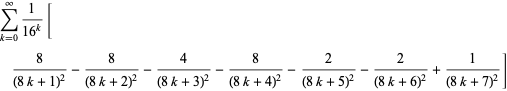 sum_(k=0)^(infty)1/(16^k)[8/((8k+1)^2)-8/((8k+2)^2)-4/((8k+3)^2)-8/((8k+4)^2)-2/((8k+5)^2)-2/((8k+6)^2)+1/((8k+7)^2)]