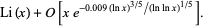 Li(x)+O[xe^(-0.009(lnx)^(3/5)/(lnlnx)^(1/5))].