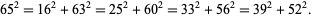  65^2=16^2+63^2=25^2+60^2=33^2+56^2=39^2+52^2 だから、この三角形は4つある。 