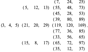  ( 7, 24, 25) jäsen; ( 5, 12, 13) ( 55, 48, 73); ( 45, 28, 53); ( 39, 80, 89); (3, 4, 5) ( 21, 20, 29) ( 119, 120, 169); ( 77, 36, 85); ( 33, 56, 65); ( 15, 8, 17) ( 65, 72, 97); ( 35, 12, 37). 