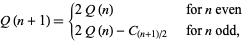  Q(n+1)={2Q(n)   for n even; 2Q(n)-C_((n+1)/2)   for n odd, 