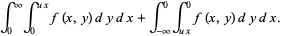 int_0^inftyint_0^(ux)f(x,y)dydx+int_(-infty)^0int_(ux)^0f(x,y)dydx.