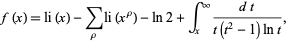  f(x)=li(x)-sum_(rho)li(x^rho)-ln2+int_x^infty(dt)/(t(t^2-1)lnt), 