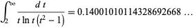  int_2^infty(dt)/(tlnt(t^2-1))=0.14001010114328692668... 