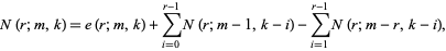  N(r;m,k)=e(r;m,k)+sum_(i=0)^(r-1)N(r;m-1,k-i)-sum_(i=1)^(r-1)N(r;m-r,k-i), 