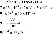  11859210 approx 11859211->
7×13×19^4 approx 2×3^4×5×11^4->
91×19^4 approx 10×33^4->
9.1 approx (33^4)/(19^4)->
9.1^(1/4) approx 33/19 