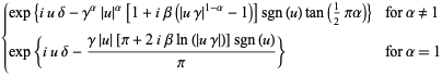 {exp{iudelta-gamma^alpha|u|^alpha[1+ibeta(|ugamma|^(1-alpha)-1)]sgn(u)tan(1/2pialpha)} for alpha!=1; exp{iudelta-(gamma|u|[pi+2ibetaln(|ugamma|)]sgn(u))/pi} for alpha=1