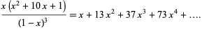 (x(x^2+10x+1))/((1-x)^3)=x+13x^2+37x^3+73x^4+....
