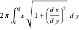 2piint_c^dxsqrt(1+((dx)/(dy))^2)dy