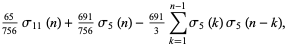 (65)/(756)sigma_(11)(n)+(691)/(756)sigma_5(n)-(691)/3sum_(k=1)^(n-1)sigma_5(k)sigma_5(n-k),