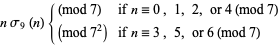 nsigma_9(n){ (mod 7) if n=0, 1, 2, or 4 (mod 7);  (mod 7^2) if n=3, 5, or 6 (mod 7)